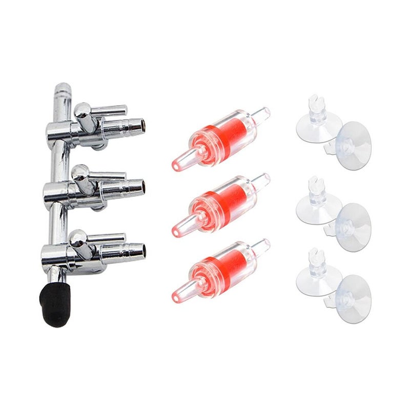 BornFeel Aquarium Air Pump Splitter 10 in 1 Set 3-Way Air Flow Control Lever Valve & 3 Non-Return Check Valves & 6 Suction Cups for Fish Tank Airline Air Tube Hose - Image 1